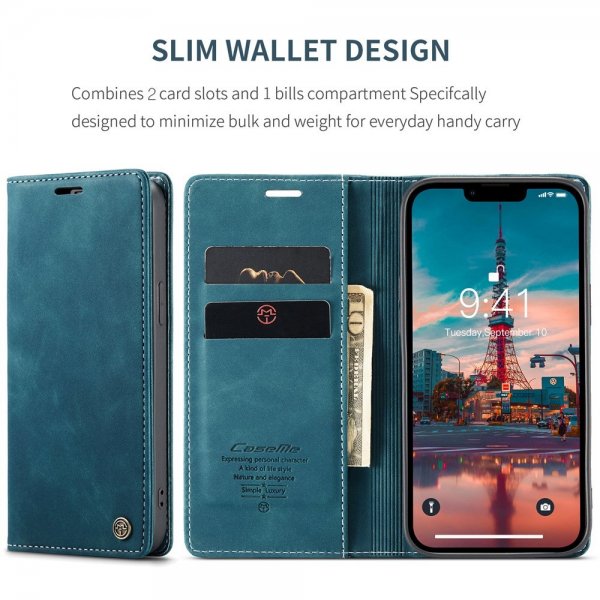 CaseMe iPhone 15 Plus Fodral Retro Flip Petrol