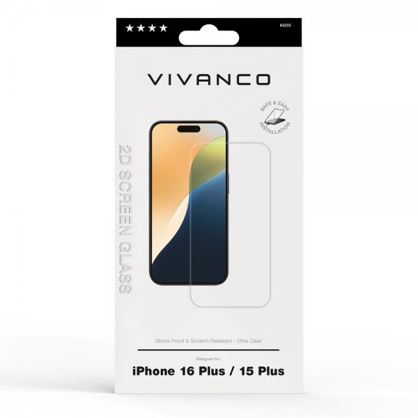 Vivanco iPhone 15 Plus/iPhone 16 Plus Skärmskydd Härdat Skyddsglas 9H
