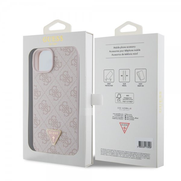 Guess iPhone 15 Plus Skal 4G Metal Triangle Strass Rosa