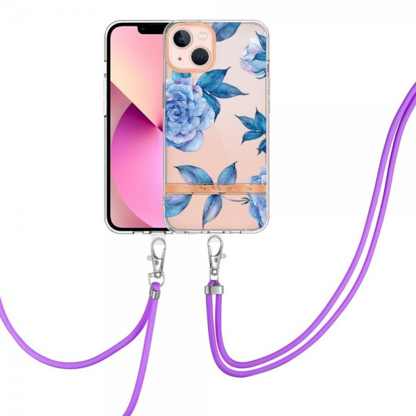 iPhone 15 Plus Skal Blommönster med Strap Blå Pion