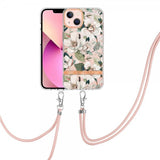 iPhone 15 Plus Skal Blommönster med Strap Grön Gardenia