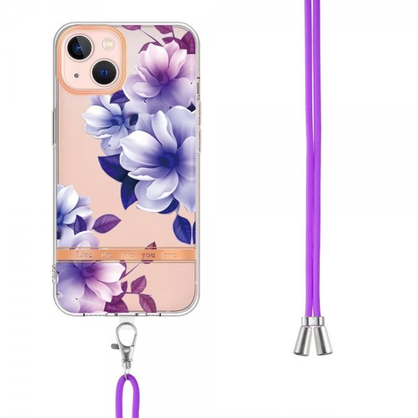 iPhone 15 Plus Skal Blommönster med Strap Lila Begonia