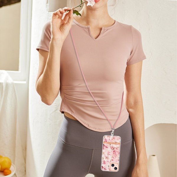 iPhone 15 Plus Skal Blommönster med Strap Rosa Gardenia