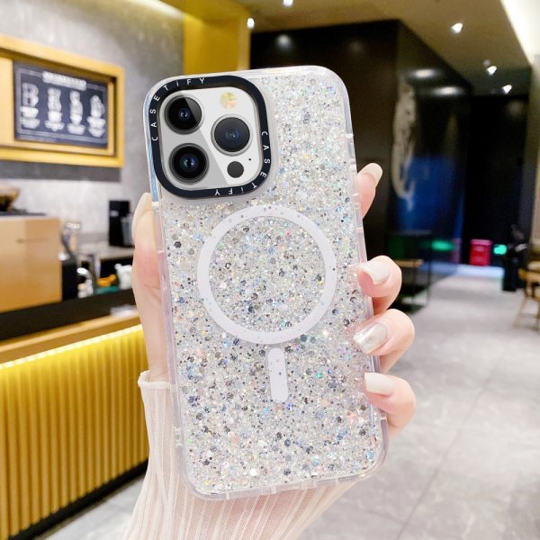 iPhone 15 Plus Skal Glitter MagSafe Vit