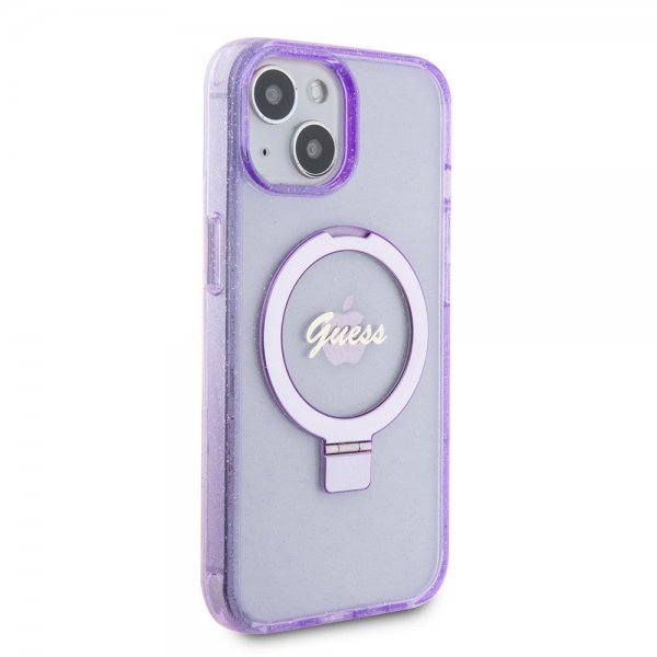 Guess iPhone 15 Plus Skal Ring Stand Glitter MagSafe Lila