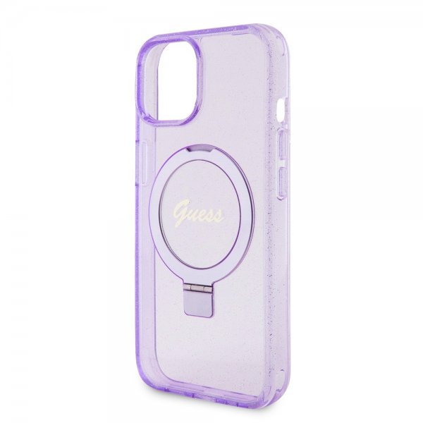Guess iPhone 15 Plus Skal Ring Stand Glitter MagSafe Lila