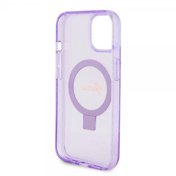 Guess iPhone 15 Plus Skal Ring Stand Glitter MagSafe Lila