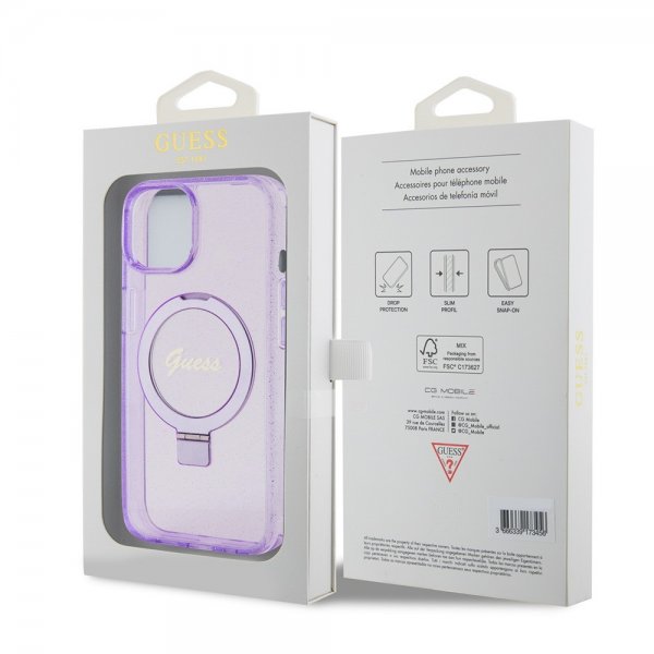 Guess iPhone 15 Plus Skal Ring Stand Glitter MagSafe Lila