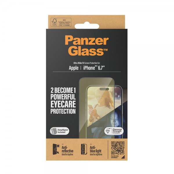 PanzerGlass iPhone 15 Plus Skärmskydd Eyecare Ultra-Wide Fit EasyAligner