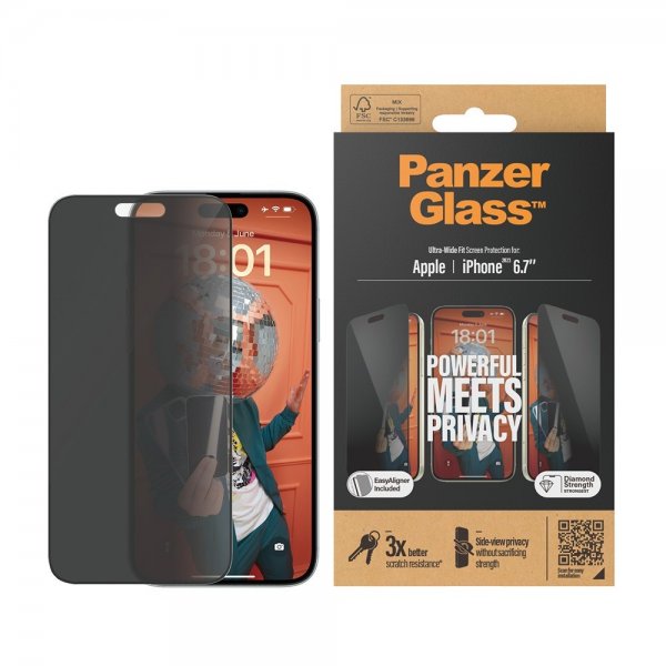 PanzerGlass iPhone 15 Plus Skärmskydd Ultra-Wide Fit Privacy EasyAligner