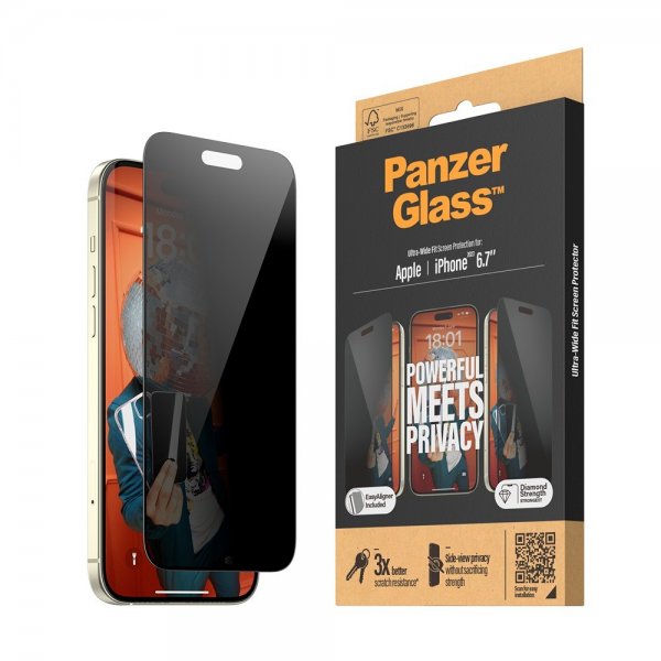 PanzerGlass iPhone 15 Plus Skärmskydd Ultra-Wide Fit Privacy EasyAligner