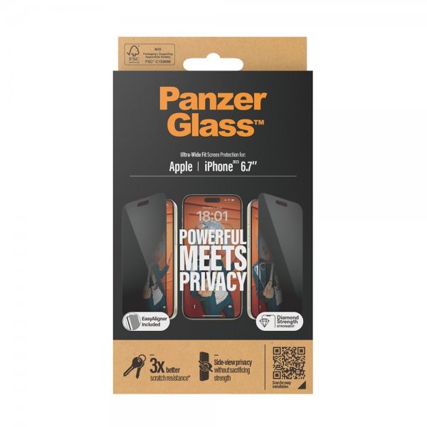 PanzerGlass iPhone 15 Plus Skärmskydd Ultra-Wide Fit Privacy EasyAligner