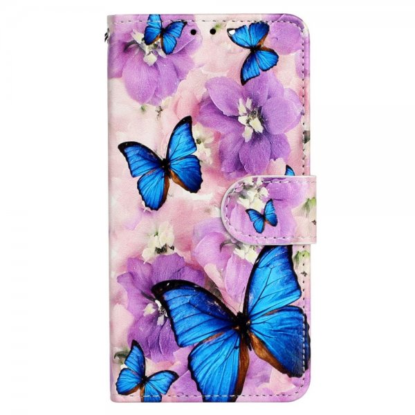 iPhone 15 Pro Fodral Motiv Lila Blommor Blåa Fjärilar