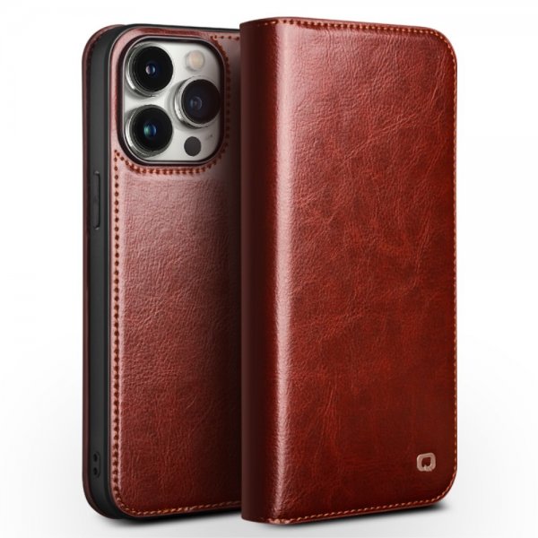 Qialino iPhone 15 Pro Max Fodral Äkta Läder Brun
