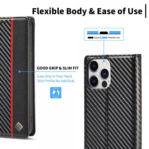 Lc.Imeeke iPhone 15 Pro Max Fodral Kolfibertextur Röd Stripe Vertical Svart