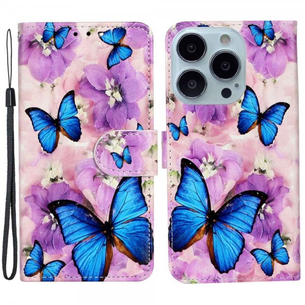 iPhone 15 Pro Max Fodral Motiv Lila Blommor Blåa Fjärilar