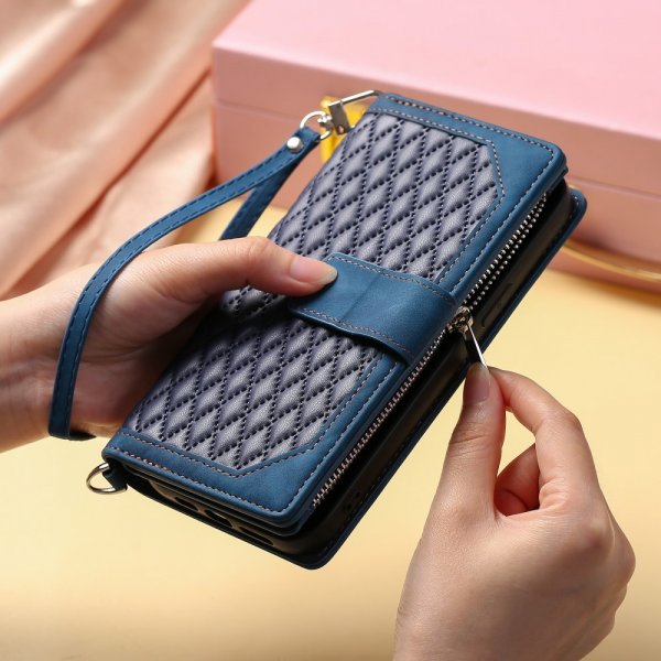 iPhone 15 Pro Max Fodral Rombmönster Dragkedja Blå
