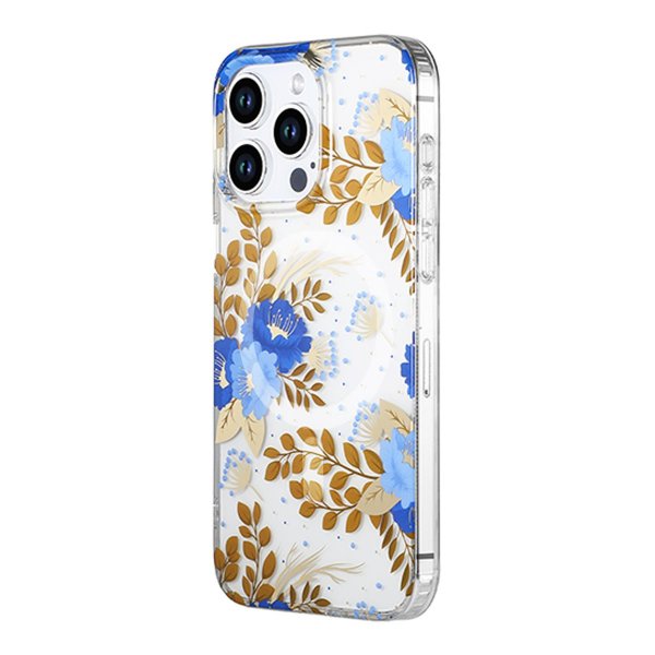 iPhone 15 Pro Max Skal Blommönster MagSafe Blå Guld