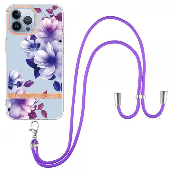 iPhone 15 Pro Max Skal Blommönster med Strap Lila Begonia