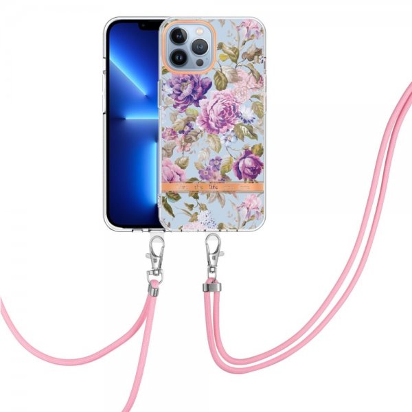 iPhone 15 Pro Max Skal Blommönster med Strap Lila Pion
