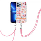 iPhone 15 Pro Max Skal Blommönster med Strap Rosa Gardenia