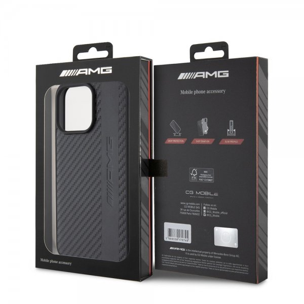 Mercedes Benz iPhone 15 Pro Max Skal Carbon Effect Leather Stripe AMG Svart