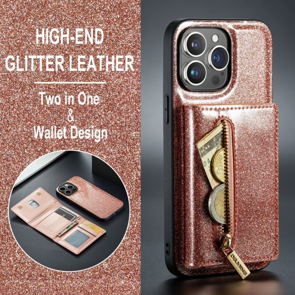 Dg.Ming iPhone 15 Pro Max Skal M3 Series Löstagbar Korthållare Glitter Roseguld