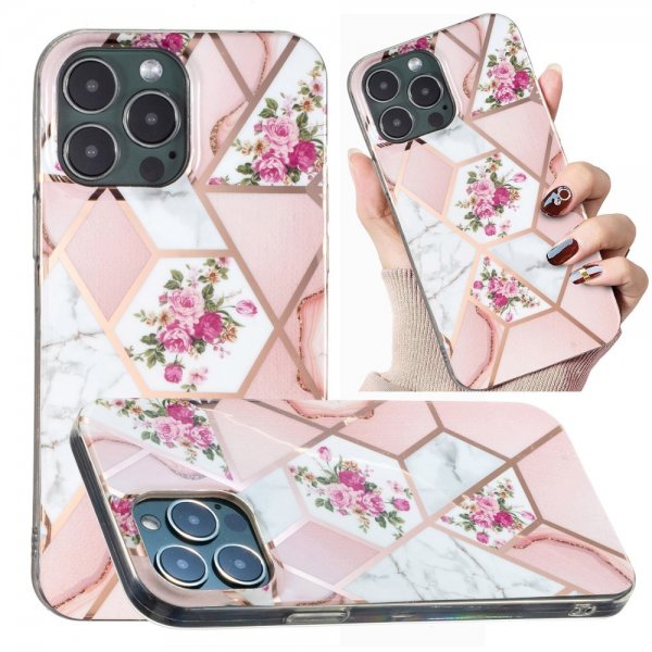 iPhone 15 Pro Max Skal Marmormönster Blommor Rosa