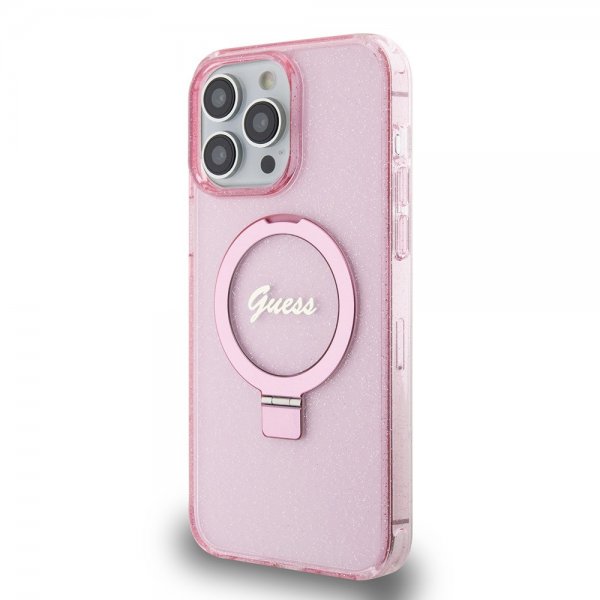 Guess iPhone 15 Pro Max Skal Ring Stand Glitter MagSafe Rosa