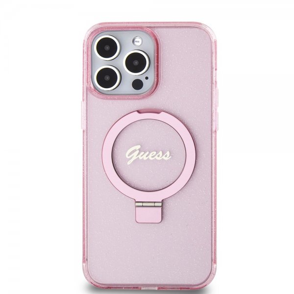 Guess iPhone 15 Pro Max Skal Ring Stand Glitter MagSafe Rosa