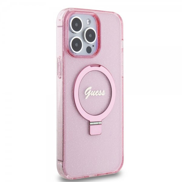 Guess iPhone 15 Pro Max Skal Ring Stand Glitter MagSafe Rosa