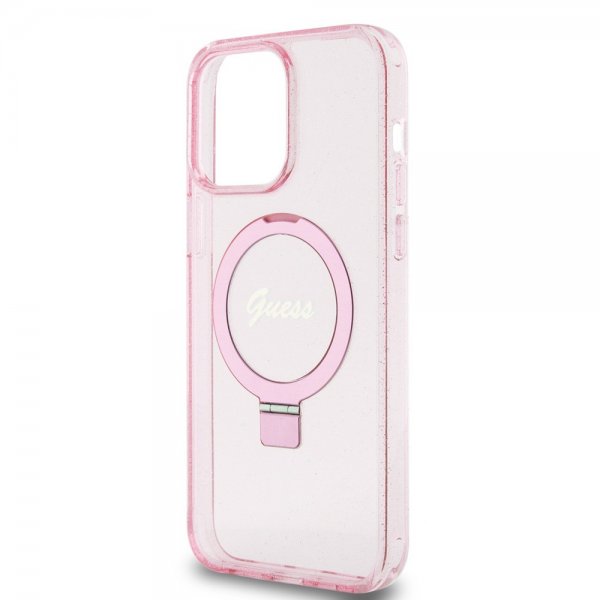 Guess iPhone 15 Pro Max Skal Ring Stand Glitter MagSafe Rosa
