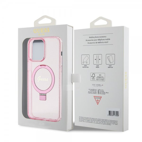 Guess iPhone 15 Pro Max Skal Ring Stand Glitter MagSafe Rosa