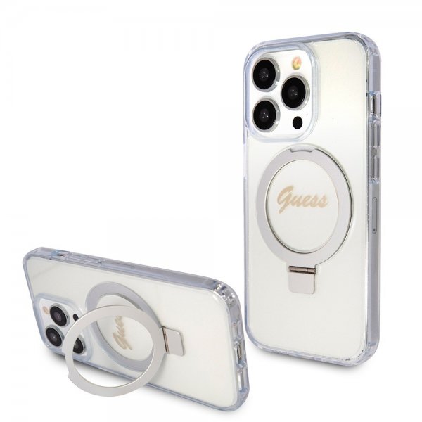 Guess iPhone 15 Pro Max Skal Ring Stand Glitter MagSafe Transparent