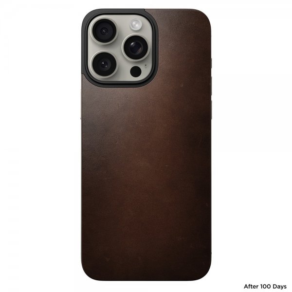 Nomad iPhone 15 Pro Max Skin Magnetic Leather Back Horween Rustic Brown