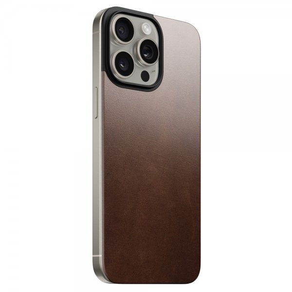 Nomad iPhone 15 Pro Max Skin Magnetic Leather Back Horween Rustic Brown