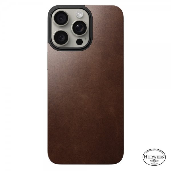 Nomad iPhone 15 Pro Max Skin Magnetic Leather Back Horween Rustic Brown