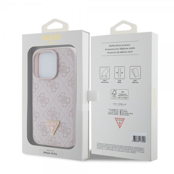 Guess iPhone 15 Pro Skal 4G Metal Triangle Strass Rosa