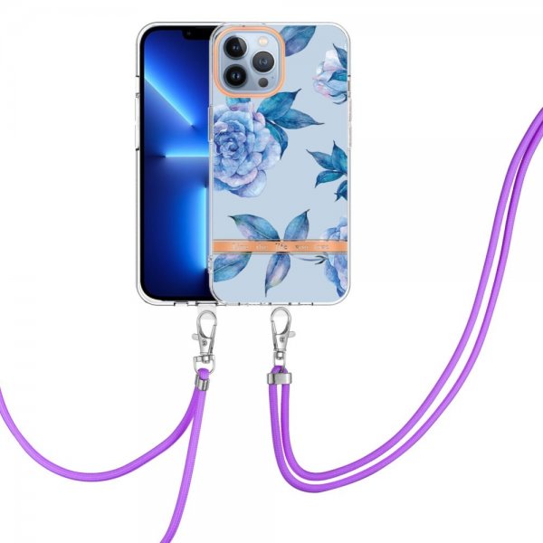 iPhone 15 Pro Skal Blommönster med Strap Blå Pion