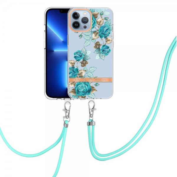 iPhone 15 Pro Skal Blommönster med Strap Blå Rosor