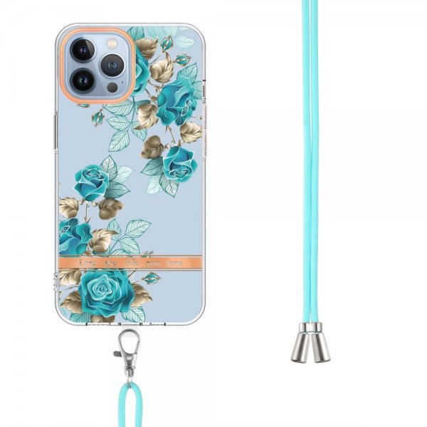 iPhone 15 Pro Skal Blommönster med Strap Blå Rosor