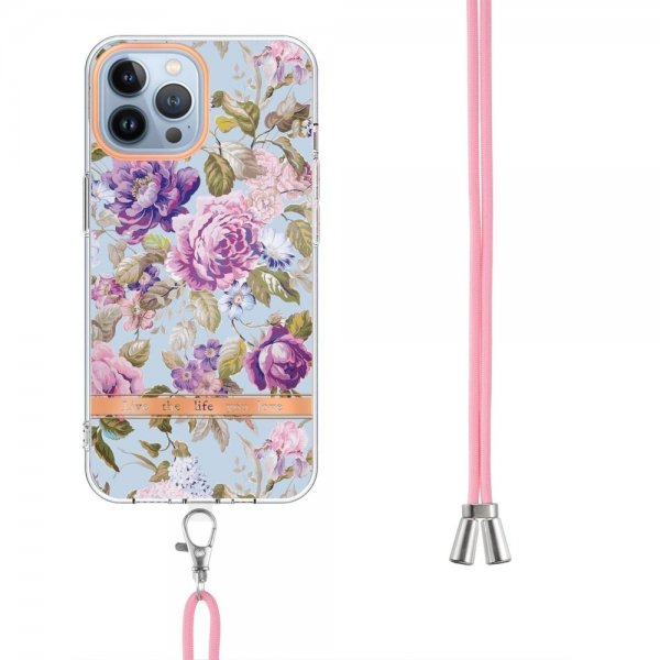 iPhone 15 Pro Skal Blommönster med Strap Lila Pion