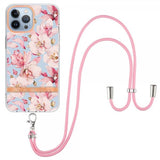 iPhone 15 Pro Skal Blommönster med Strap Rosa Gardenia
