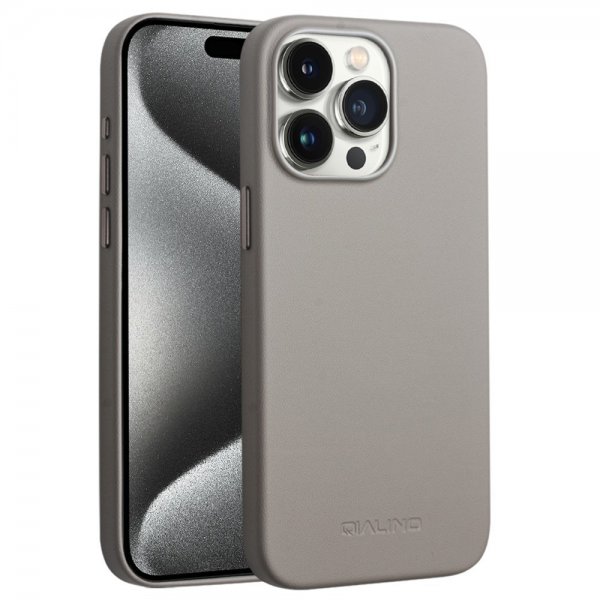 Qialino iPhone 15 Pro Skal Konstläder MagSafe Grå