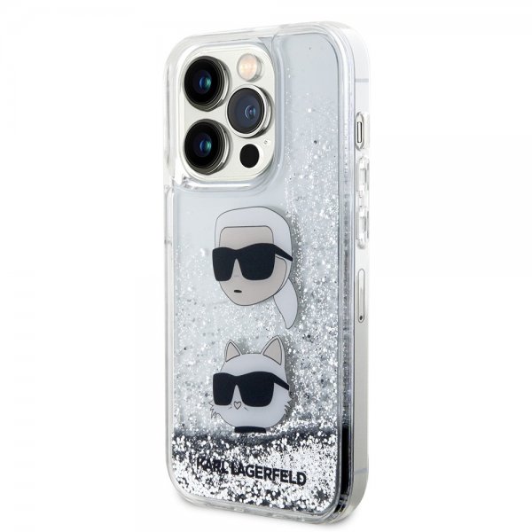 Karl Lagerfeld iPhone 15 Pro Skal Liquid Glitter Karl & Choupette Silver