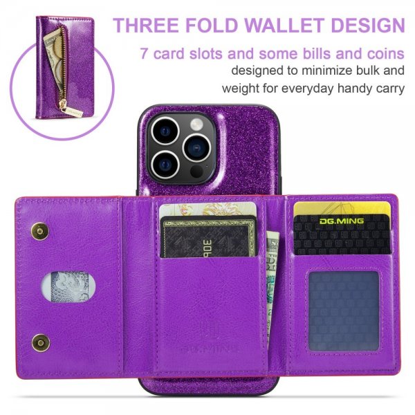 Dg.Ming iPhone 15 Pro Skal M3 Series Löstagbar Korthållare Glitter Lila