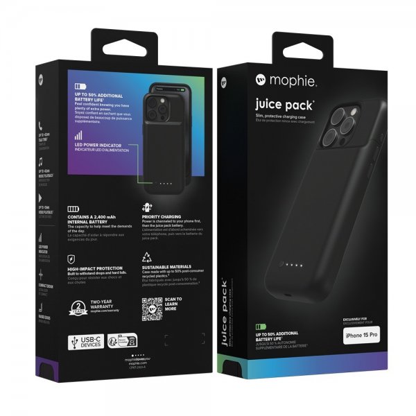 Mophie iPhone 15 Pro Skal med inbyggd Powerbank Juice Pack Svart