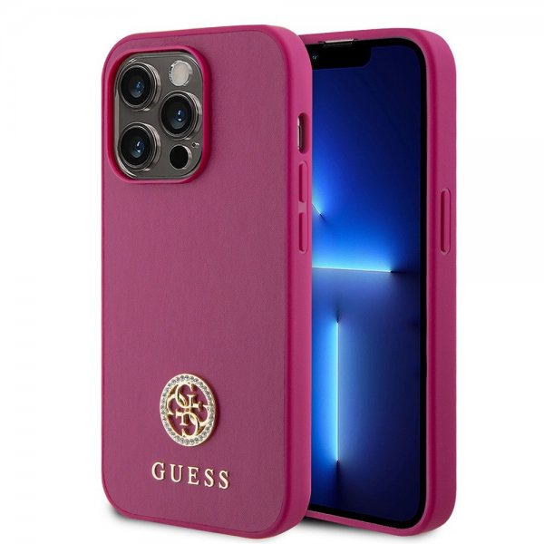 Guess iPhone 15 Pro Skal Metal Logo Strass Metallic Rosa