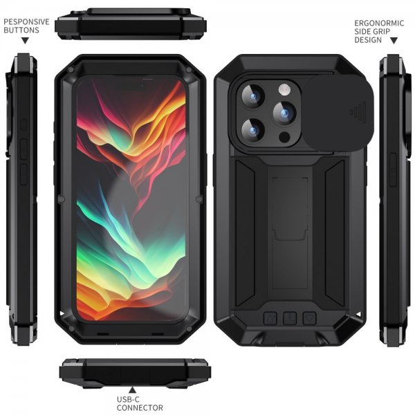 R-JUST iPhone 15 Pro Skal Metall Stöttåligt Kameraskydd Svart