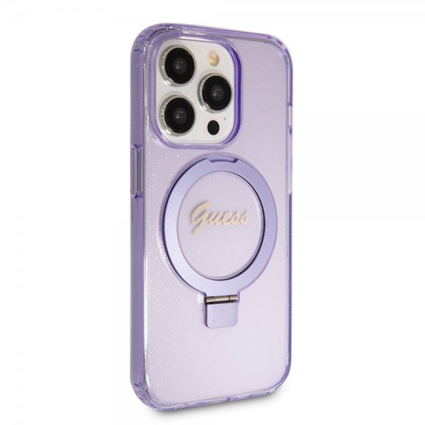 Guess iPhone 15 Pro Max Skal Ring Stand Glitter MagSafe Lila